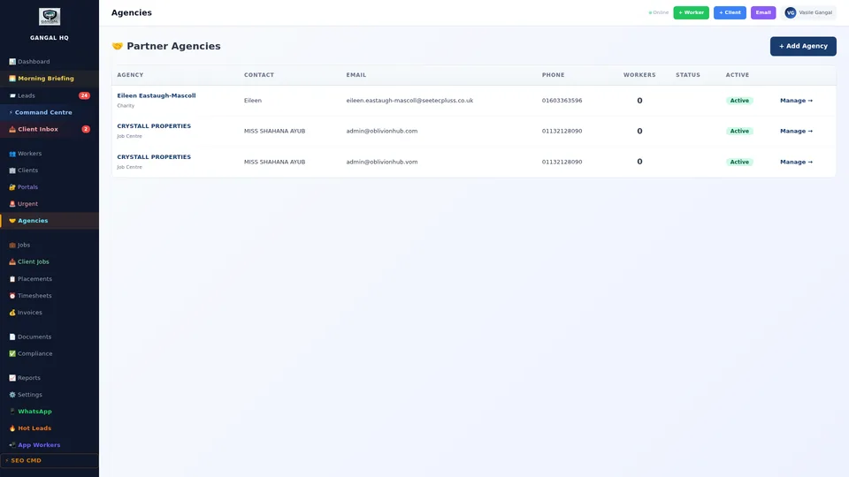 Multi-tenant agency management screen showing sub-agencies with usage stats and billing status