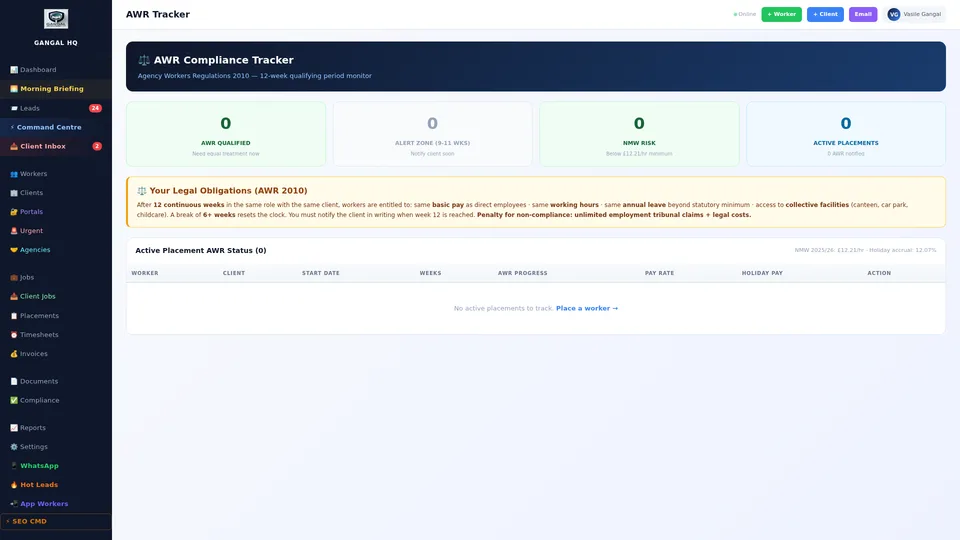AWR tracking linked to timesheet submissions showing continuous weeks calculated from approved hours