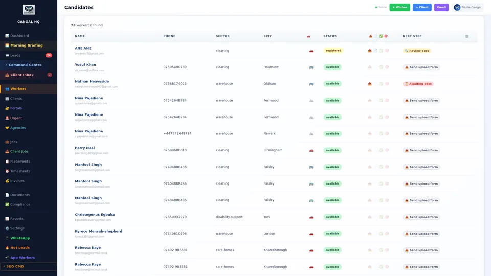 Complete worker profile in recruitment software showing documents, compliance checklist, placement history and notes