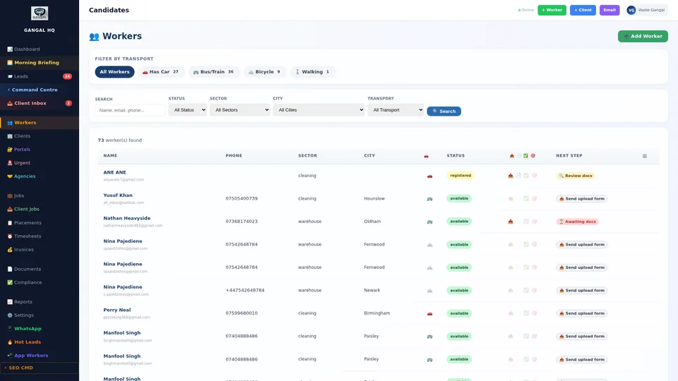 Worker database in recruitment management software showing compliance status, placement, skills and AWR week count