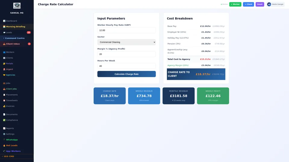 Charge rate calculator in recruitment software showing pay rate, employer NI, holiday pay, margin and resulting charge rate