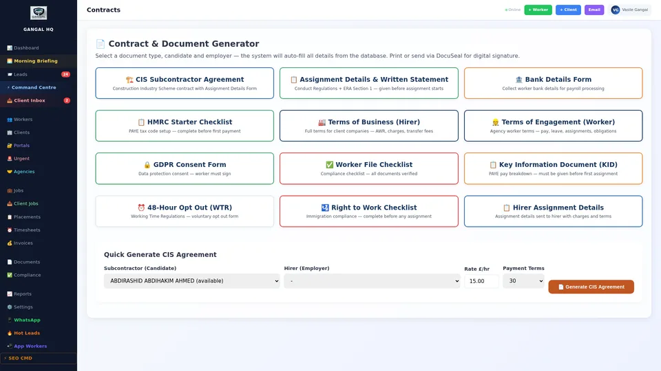 Contract management showing all client contracts with rates, terms, and renewal dates for recruitment agency