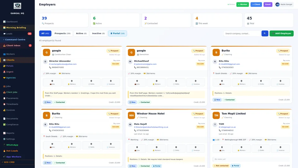 Client management database showing employer profiles with revenue, placements, and billing status for recruitment agency