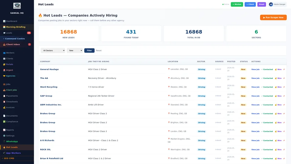 Hot leads pipeline in recruitment CRM showing prospect companies in stages from new to won with follow-up dates