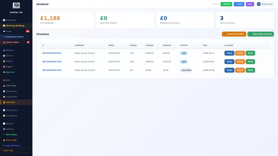 Invoice management screen showing all client invoices with status, amounts due, and payment tracking for recruitment agency