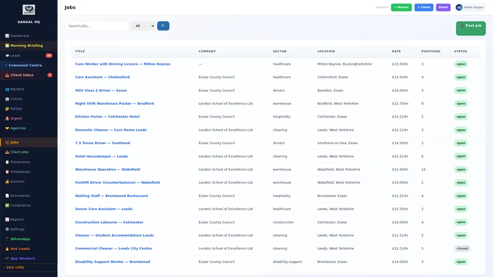 Jobs management screen showing open client requirements with fill status and worker assignment tracking