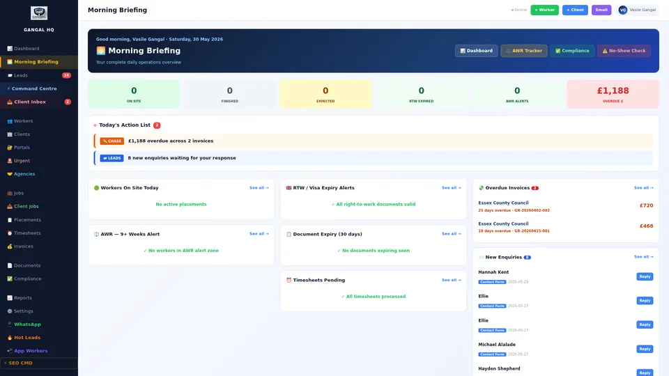 AI-generated morning briefing showing priority tasks for the recruitment agency director