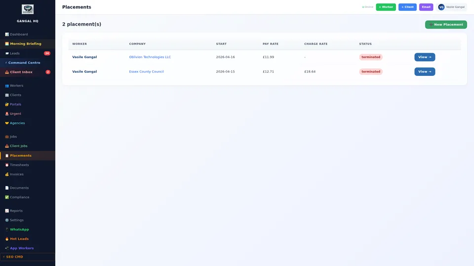 Placements screen showing all active worker-to-client assignments with AWR week count, rates, and status