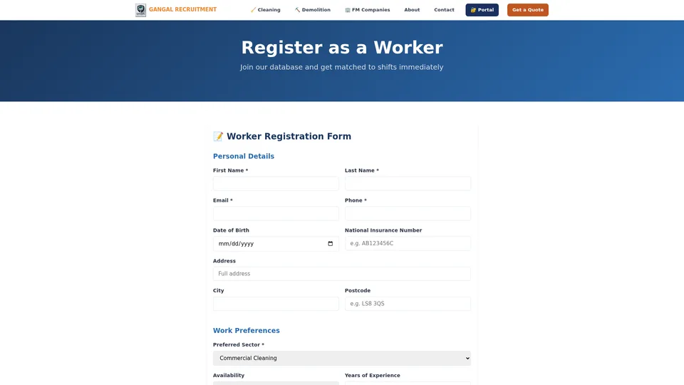 Worker registration form in recruitment management software showing all fields for legal compliance