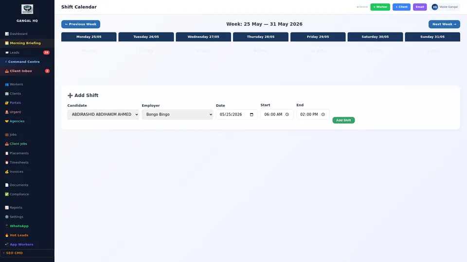 Shift scheduling screen showing confirmed workers, site details, start times, and confirmation status for each shift