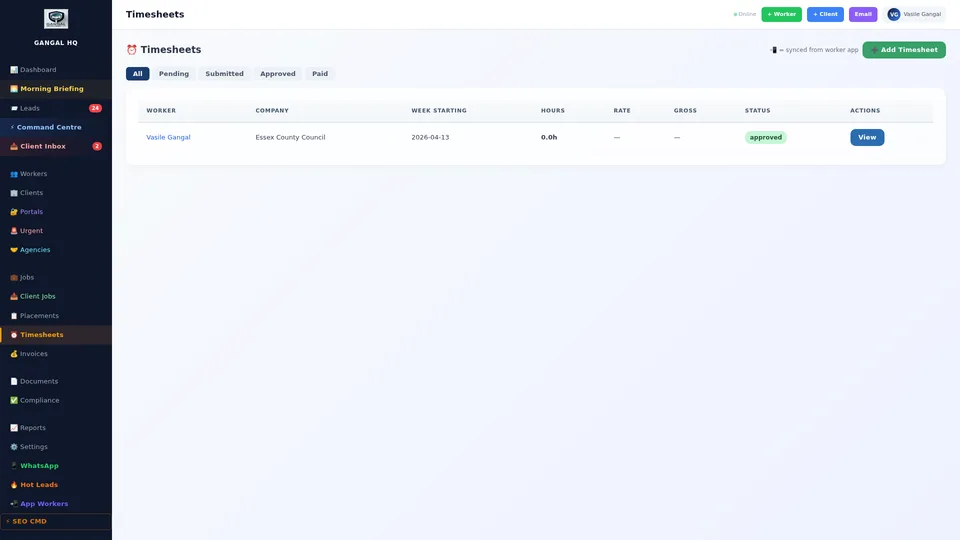 Timesheet management screen showing worker hour submissions with overtime calculation and bulk approval interface