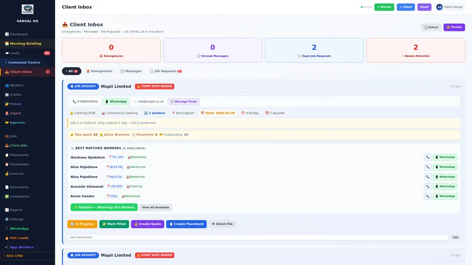 WhatsApp CRM inbox in recruitment software showing all client and worker messages in central admin panel